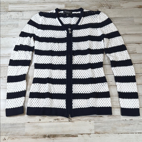 NWT Navy and White Striped Women's crochet style Sweater - Picture 2 of 7